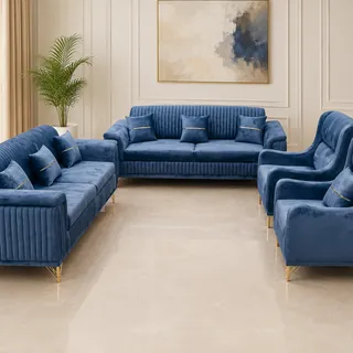 Luxury Royal Blue Velvet Sofa Set 3+2+1+1 β 7 Seater Living Room Couch with Gold Legs & Pillows