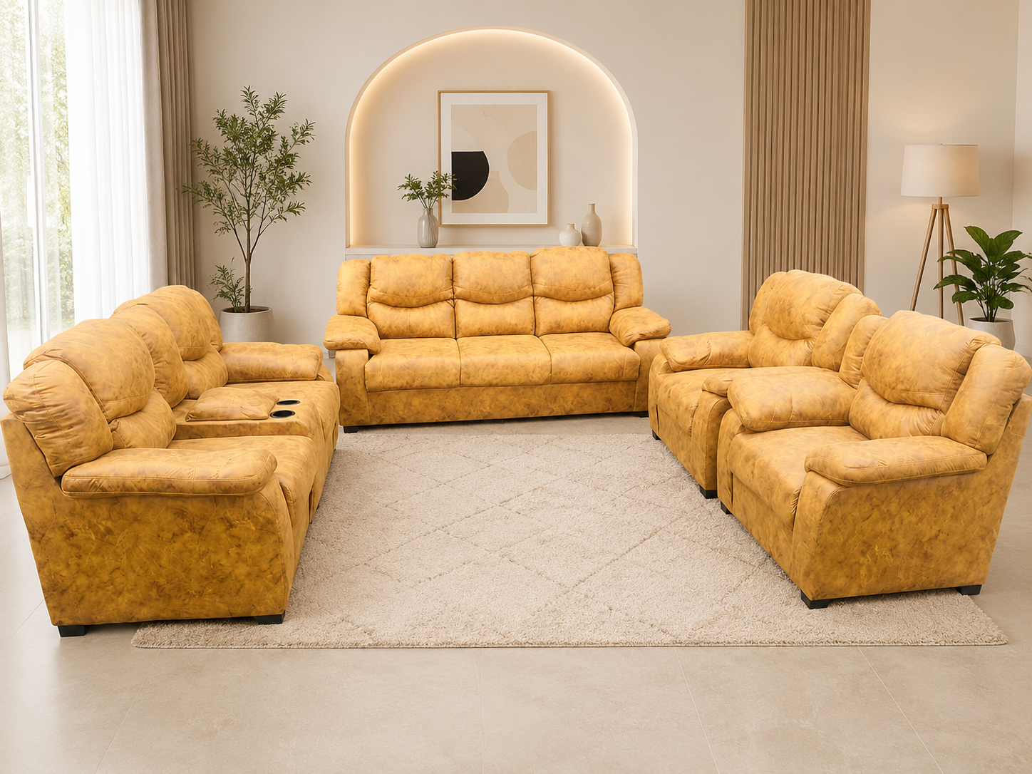 Brown Suede Recliner Sofa Set 3+2+1+1 Couch With Cup Holders