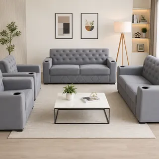 Grey Leather Sofa Set 3+2+1+1 β 7 Seater Living Room Couch with Cup Holders