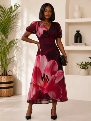 Burgundy Pink Floral Chiffon Midi Dress | Upfrica GH - Floral Dresses - main product image