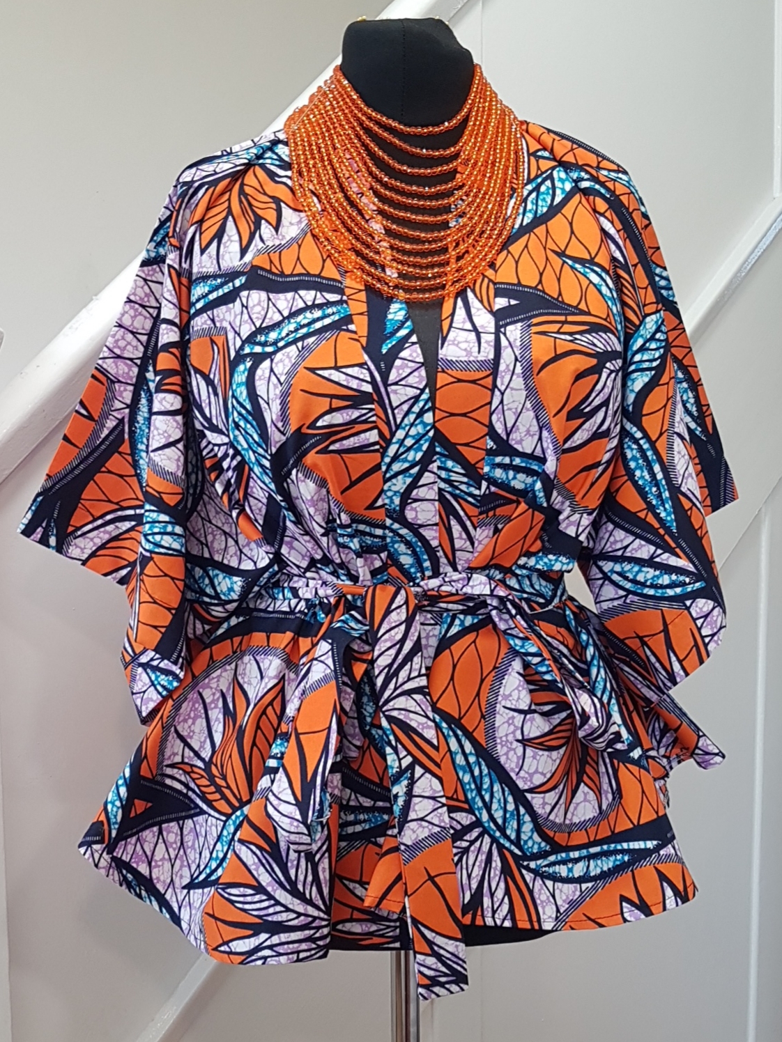 Ankara Kimono Top Size 12 14 Orange African Print Belted Cover up