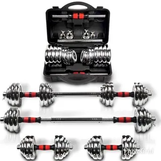 30KG Adjustable Premium Chrome Plated Barbell & Dumbbells Set Weights With Connecting Bar & Storage Case for Strength Training