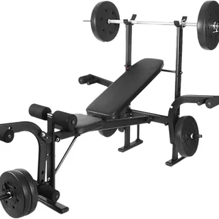 4 in 1 Adjustable 60kg Gym Weight Bench Press Set with Barbell Rack & Leg Developer