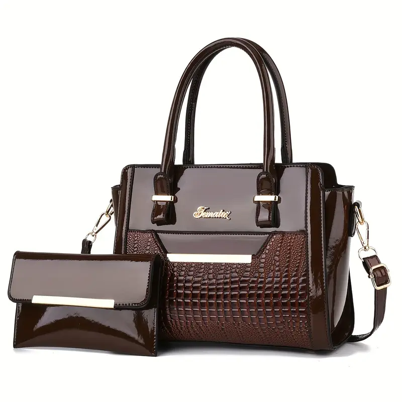 Womenβs Crocodile Pattern Handbag Set β Shoulder Bag with Matching Clutch Purseβ¨
