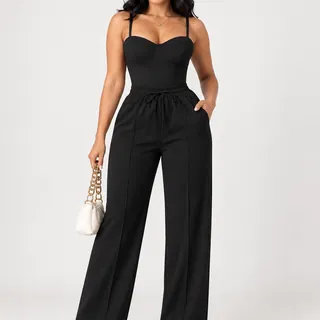 Women’s Black/Cream Two-Piece Co-Ord Set – Corset Cami Top and Wide-Leg Pants in GH