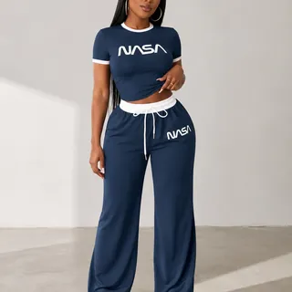 Women’s Navy Blue NASA Two Piece Set – Crop Top & Wide Leg Trousers