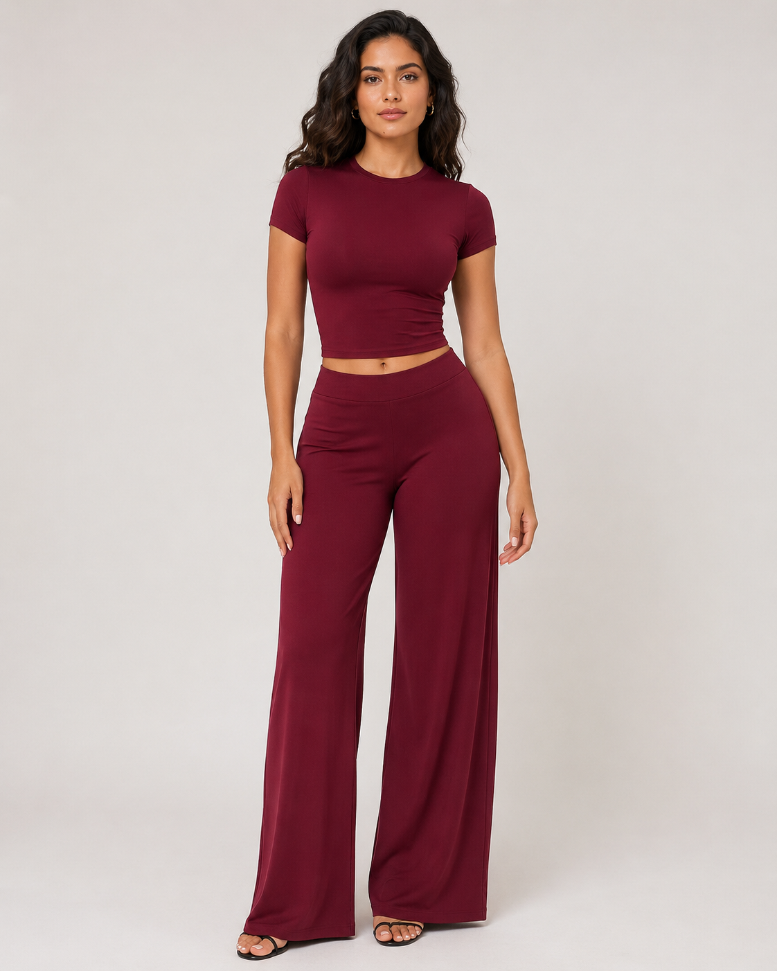 Womenβs Burgundy Two Piece Co ord Set β Short Sleeve Crop Top & Wide Leg Trousers