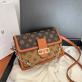 Women’s Brown Patterned Shoulder & Crossbody Bag – Gold Tone Chain Flap Handbag