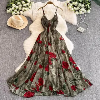 Women’s Floral Satin Maxi Dress – Elegant Spaghetti Strap Evening & Occasion Dress