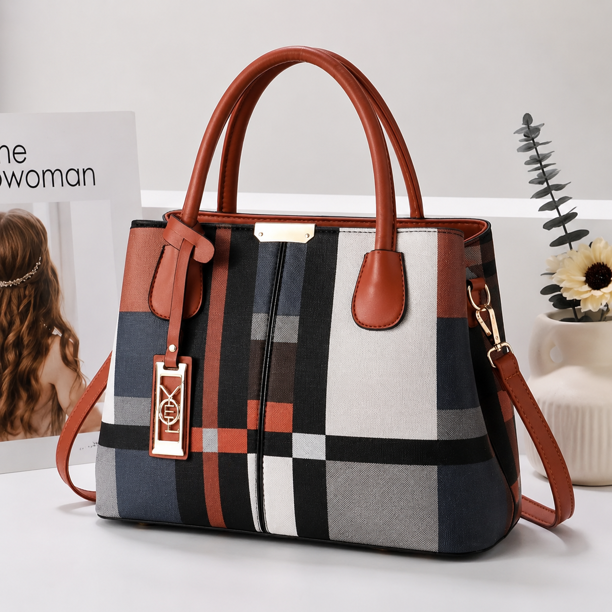 Women’s Plaid Handbag with Shoulder Strap – Elegant Top Handle Bag for Work & Everyday Use