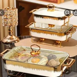 3 Piece Gold Chafing Dish Set with Glass Lids & Serving Stands