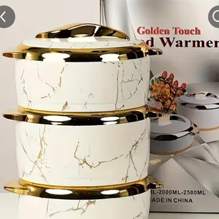 3 Piece Marble Golden Touch Food Warmer Set – White & Gold