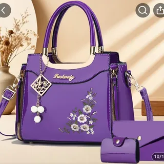 Elegant Purple Women's Handbag Set Floral Design