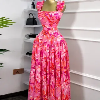 Pink Floral Ruffle Strap Maxi Dress – Square Neck Summer Party Dress