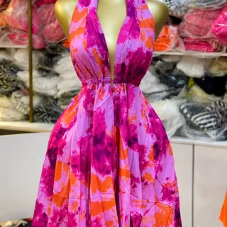 Pink Floral Halter Neck Mini Dress – Deep V Neck Summer Party Dress