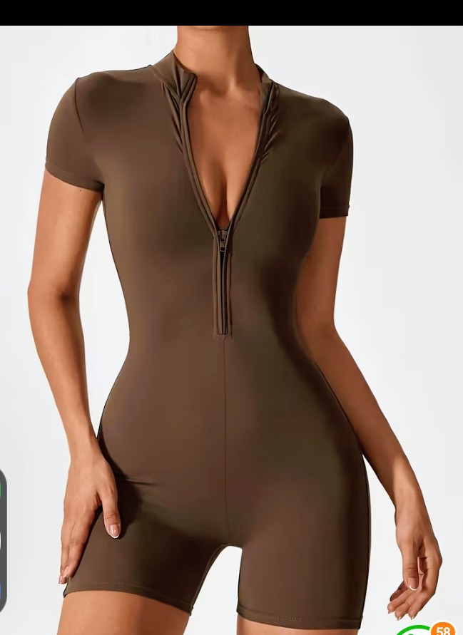 Women’s Brown Zip Front Bodycon Romper Playsuit – Short Sleeve