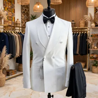 Plain White Jacket Black Trousers Double breasted Tuxedo Dinner Suits. Featuring Wide Shawl Collar 4 button configuration with fabric covered button
