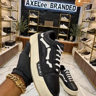AMIRI Bone Runner Low Top Leather Sneakers – Black & White, Size 42