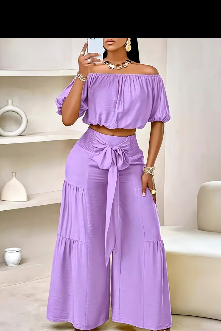 Women’s Off Shoulder Purple Two Piece Crop Top & Wide Leg Trouser Set