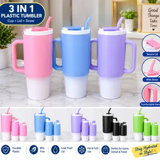 3 in 1 Plastic Tumbler Set with Straw Reusable Drinking Cups