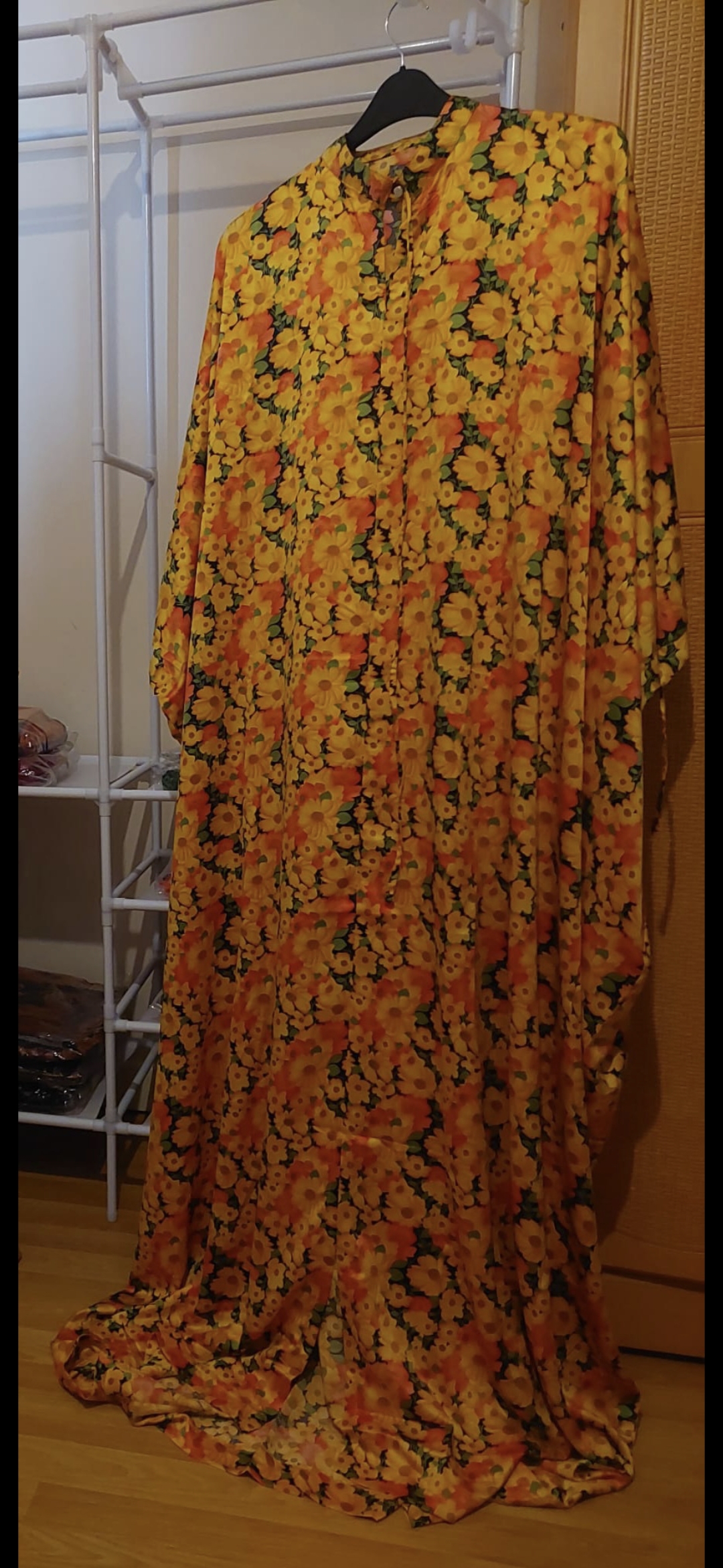 Luxury Silk Bubu Dress Yellow Floral African Kaftan Maxi (One Size)