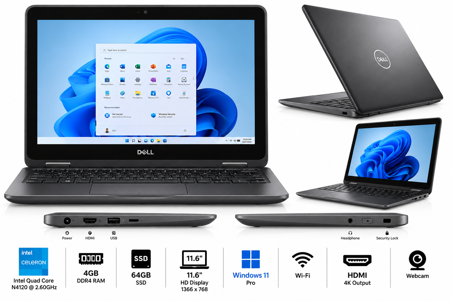 Dell Latitude 3190 11.6" Laptop – Intel Quad Core N4120, 4GB RAM, 64GB SSD, Windows 11 Pro
