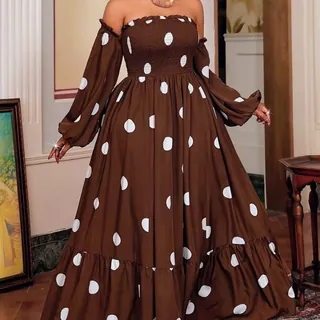 Elegant Brown Polka Dot Maxi Dress