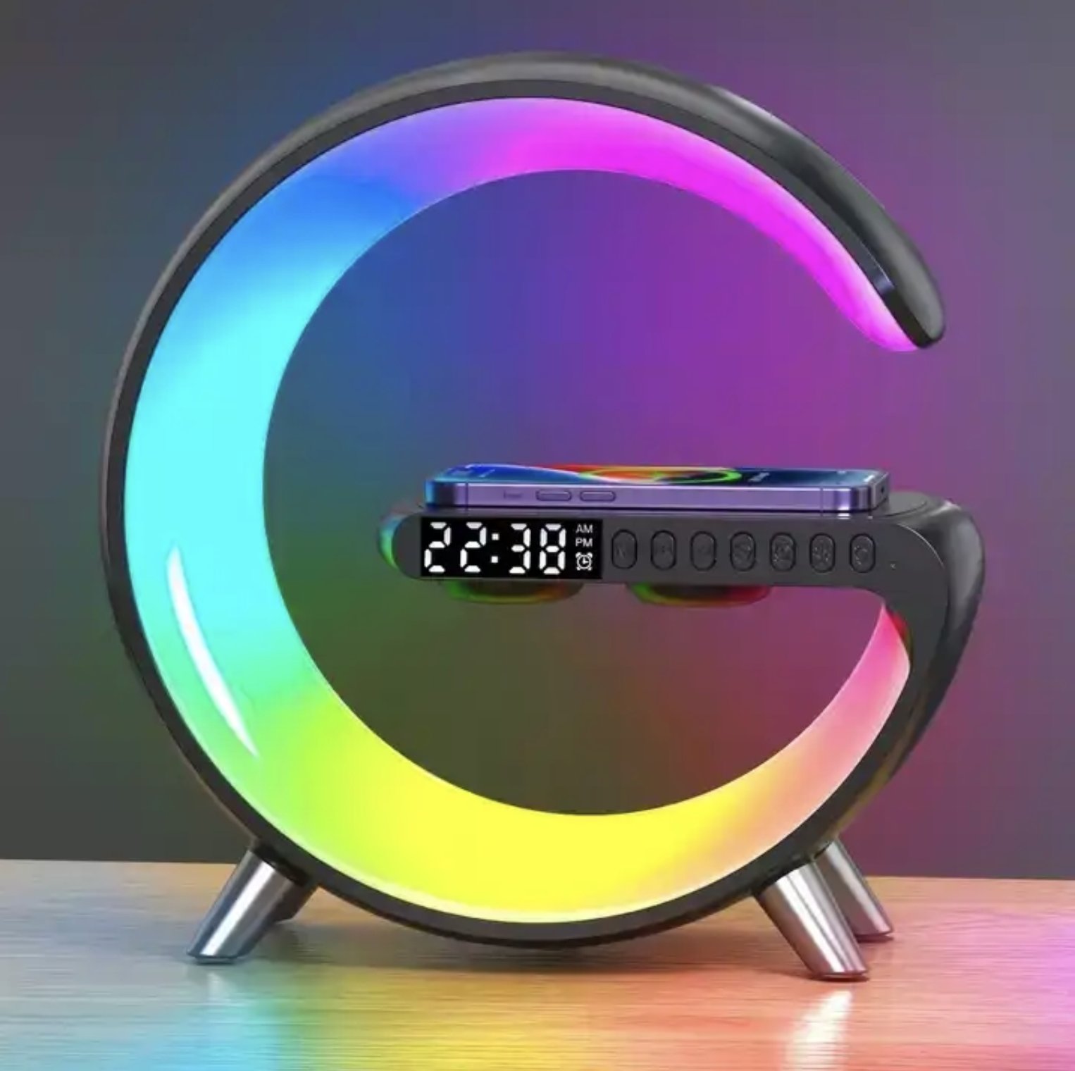 Wireless Phone Charger 5 in 1 Portable G-shaped 15W  With Alarm Clock LED Light Wireless Speaker Smart Bedside Table Lamp