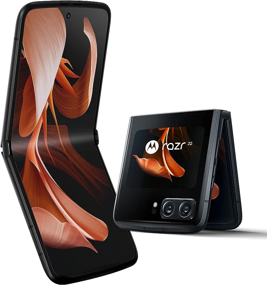Motorola Razr Flip mobile phone design, quick view display, 6.7" FHD + OLED, flex, 50 MP OIS camera system, android 12, 5G, Snapdragon 8+ processor, 8/256GB, eSIM), Satin Black in GH