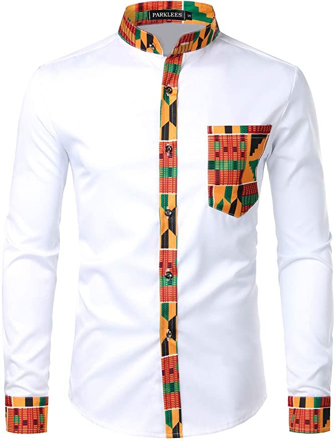 Men's African Dashiki Shirt, Stand-up Collar Tribal Graphic Patchwork Long Sleeve in GH