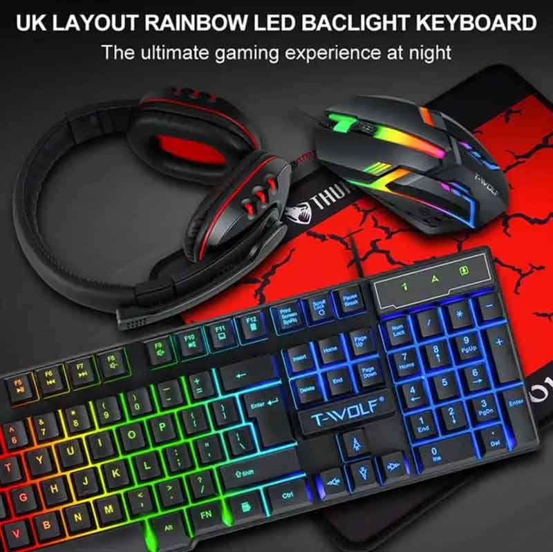 Gaming Kit T-Wolf TF800 4Pcs Gaming Devices Set 104 Keys LED Backlit Gaming Keyboard 1200DPI Mouse 3.5mm Wired 50mm Driver Headset Anti-Slip Mouse Pad Combo 4 in 1 in GH
