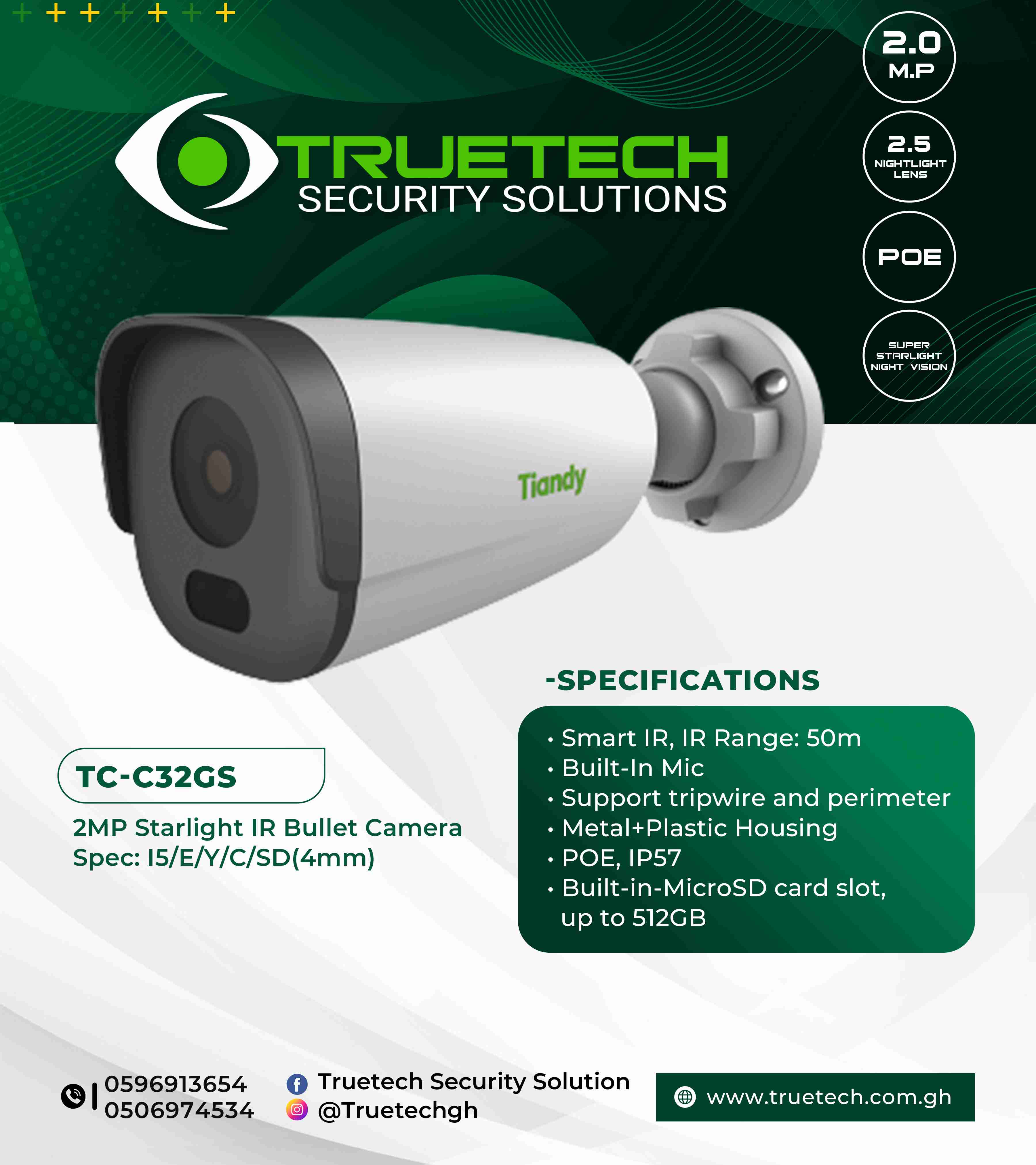 2mp Tiandy Starlite Bullet Camera Tc-C32gs in GH