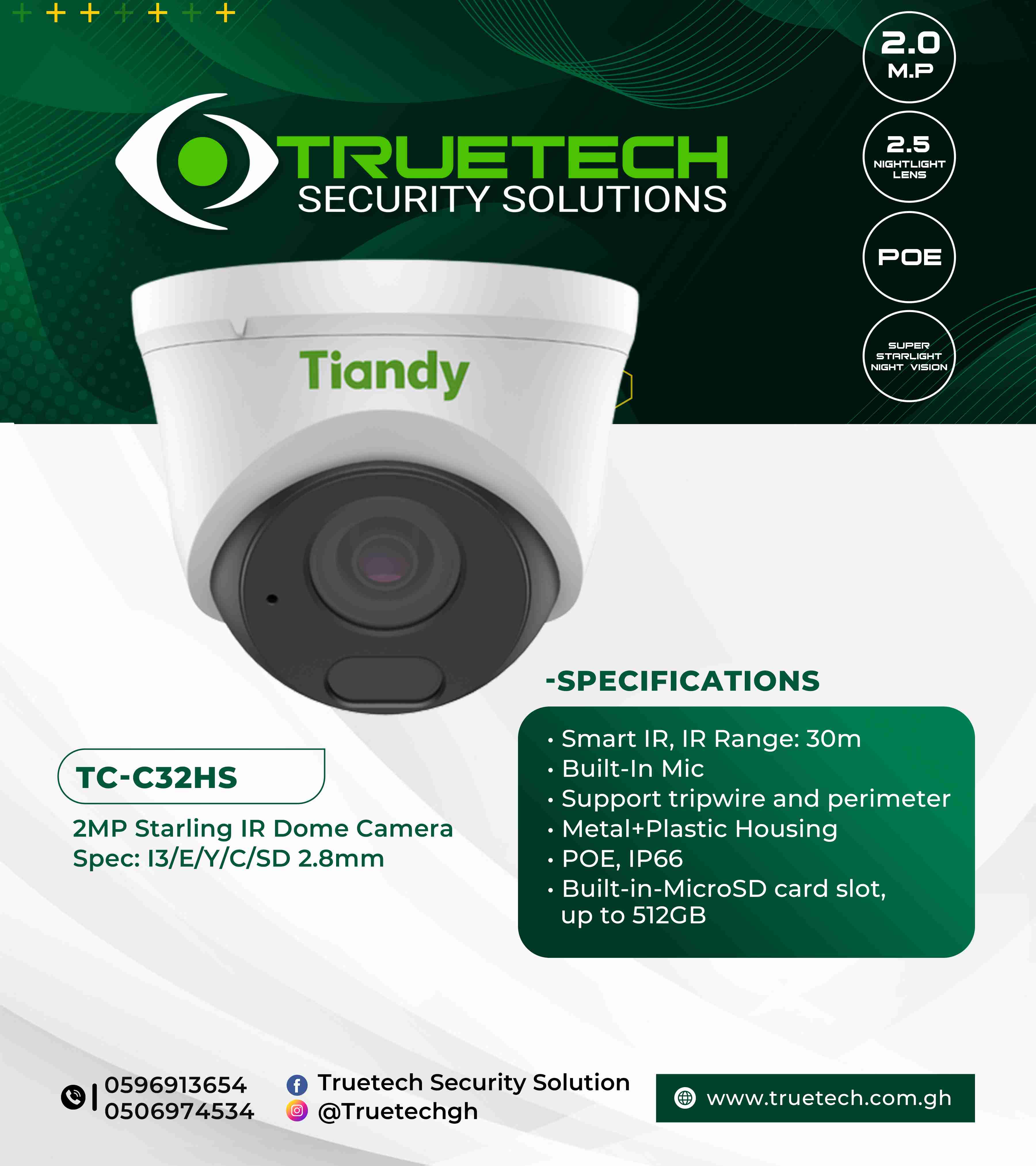 2mp Tiandy Starlight IP Camera Tc-C32hs in GH