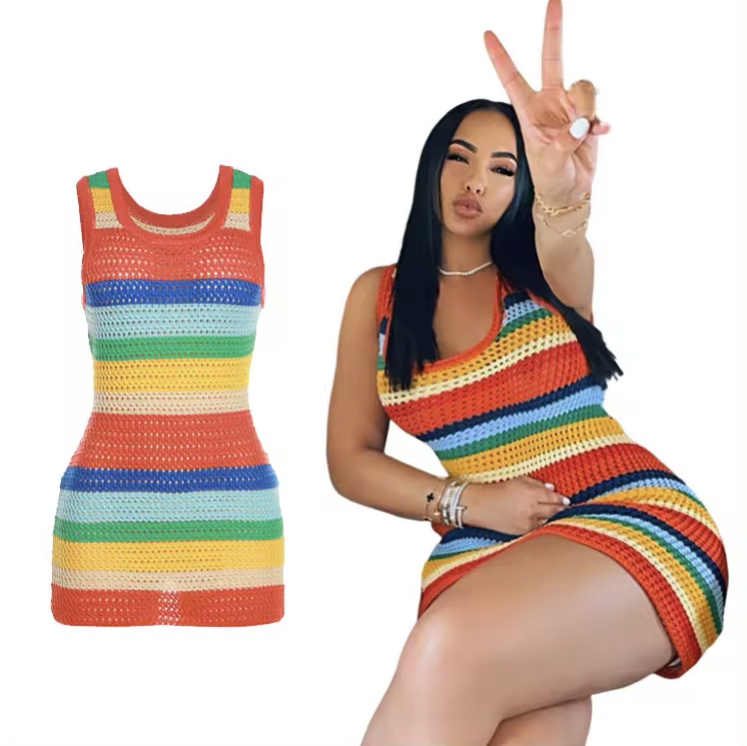 Women's Beach Party Wear Woven Dress Hollow Knit  High Waist Contrasting Color Slim Sleeveless Hip Dress in GH