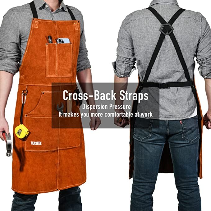 Unisex Leather Welding Apron with 6 Pockets - Heavy Duty Tools Shop Apron, Adjustable M to XXL (Brown)