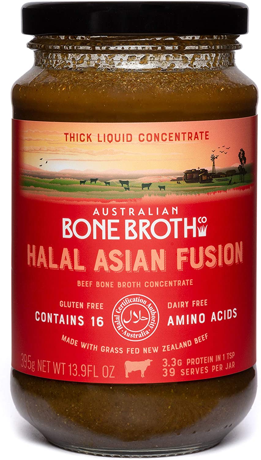 Halal Beef Bone Broth Concentrate- Certified Halal Asian Fusion – Great Protein Food Source - Instant Spicy Broth for Gut Health, Digestion and General Well-Being. 395 Grams Made in Australia in GH