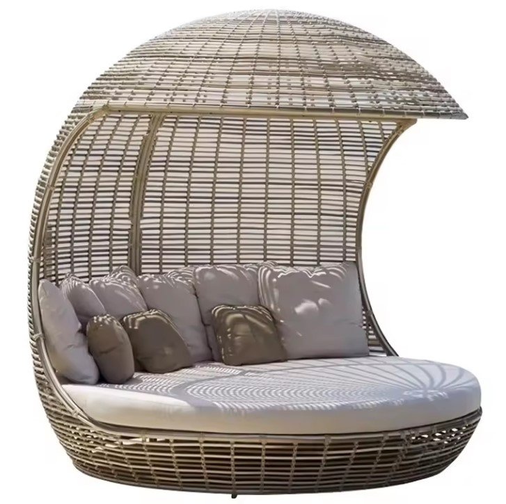Outdoor Daybed Modern Waterproof Wicker Rattan Big Round Sunbeds Beach Chaise Lounge Hotel Garden Pool Sun Bed