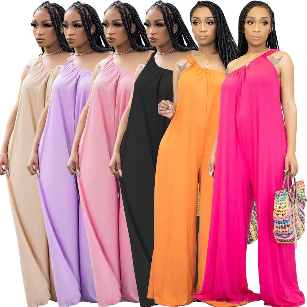solid color off shoulder full length loose female wide leg strapless jumpsuits in GH