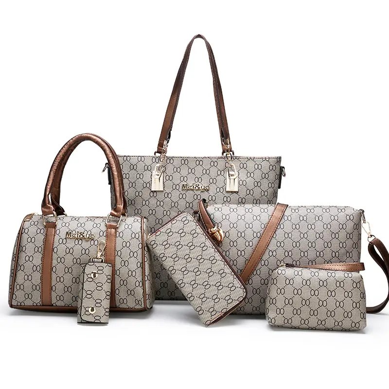 Tote Bag Set for Women 6 Pieces PU Luxury Leather Purse Key Shoulder Bag Handbag in GH