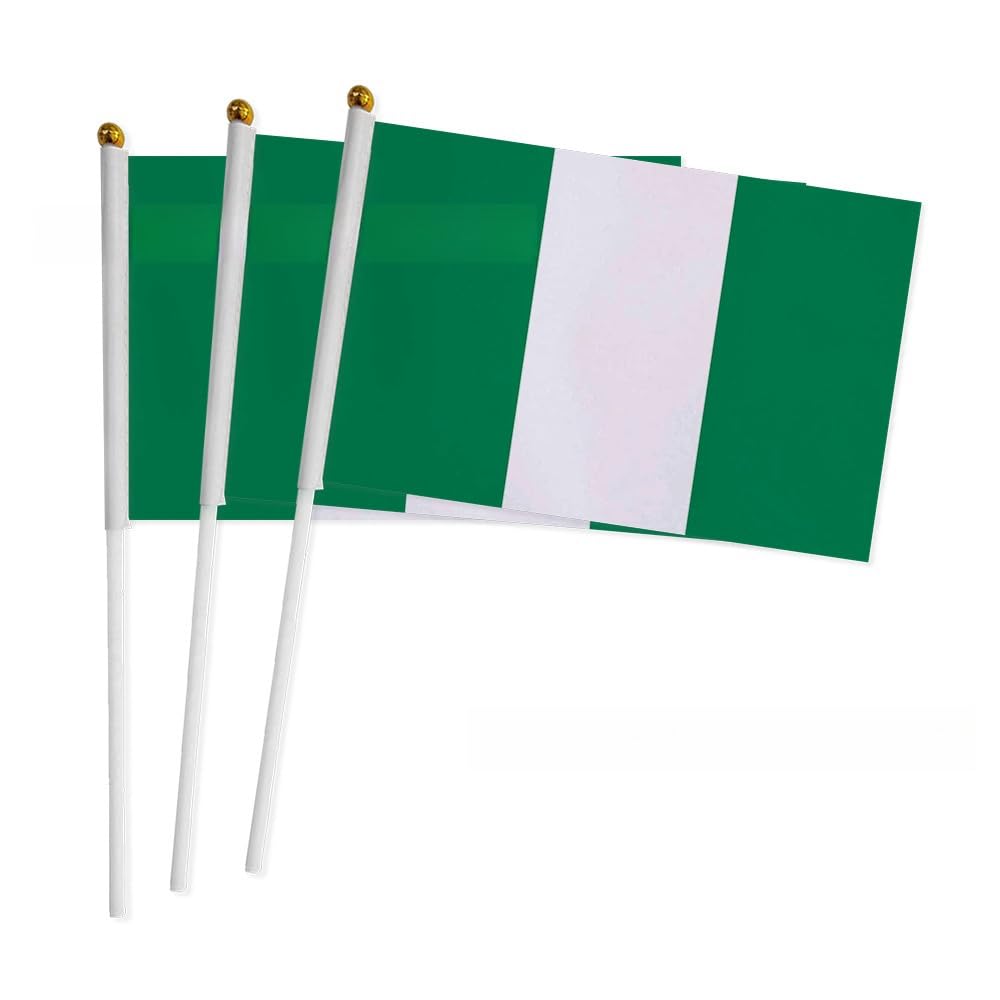 50Pcs Small Nigerian Flag on Stick 14x21cm Mini Waving Nigeria Flag Plastic Flagpole Single Side Flag Small Flag Parade World Cup International Festivals Party Decoration Supplies Election Support in GH