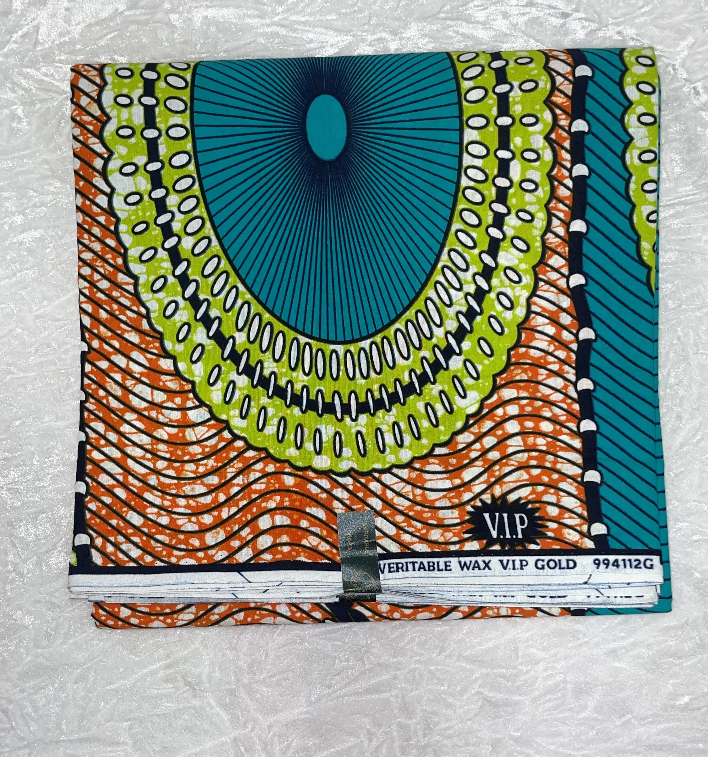 African Ankara Green & Orange Multi Circle Style 6 Yards VIP Fabric