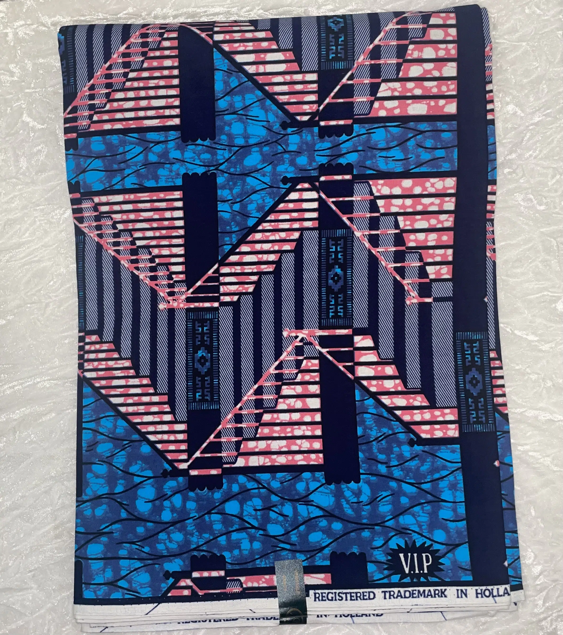 African Ankara Blue & Pink Multi Abstract Temple Style 6 Yards VIP Fabric
