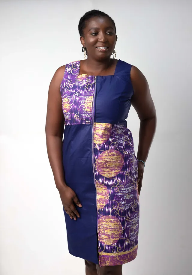 Layo Abstract Purple Zip Front Knee Length Dress in GB