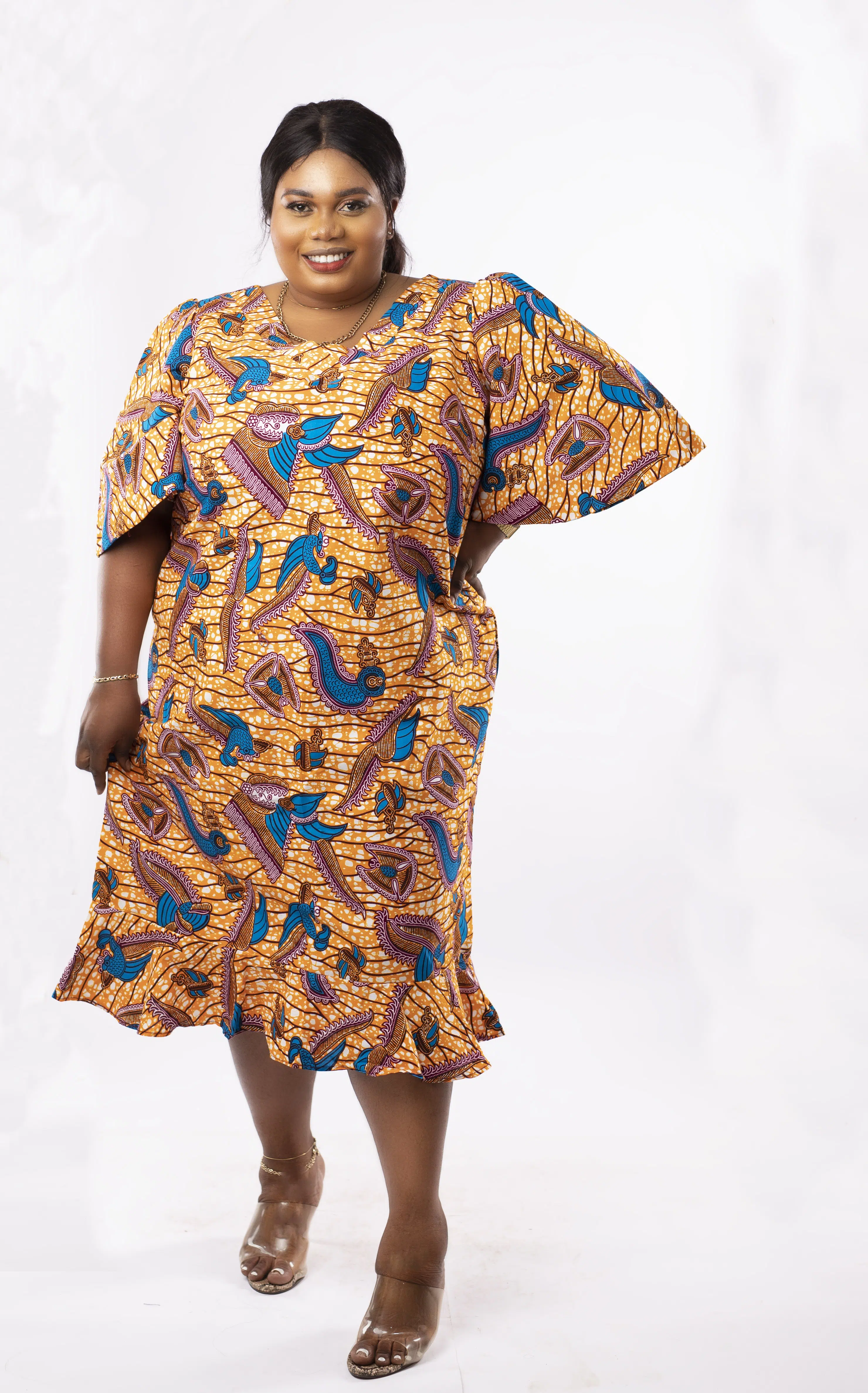 Plus Maritsa Gold & Blue African Print Midi Dress