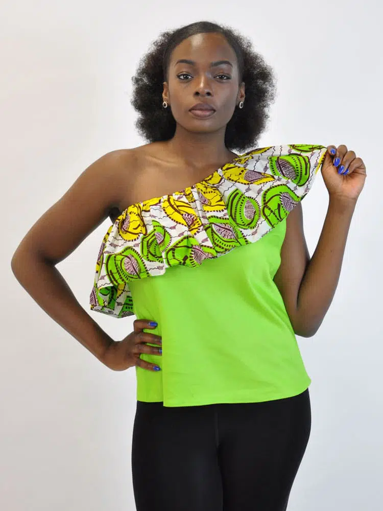Lime Green One Shoulder African Print Top