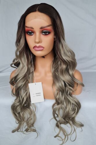 silver grey synthetic wig wavy grey Lace Front Wig heat resistant T Part laceWig in GB