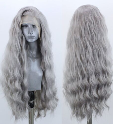 24inch Synthetic hair Lace front wig Daily use Full Head Silver grey Wavy in GB
