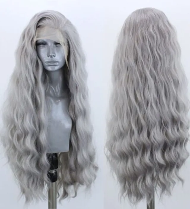 24inch Synthetic hair Lace front wig Daily use Full Head Silver grey Wavy in GB