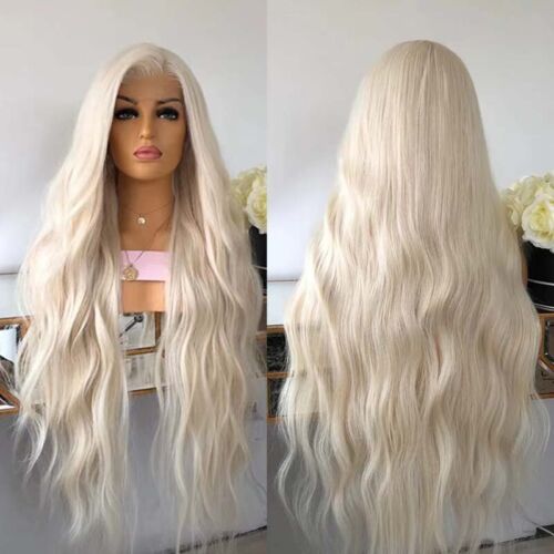 24inch Synthetic hair Lace front wigs Full Head Platinum blonde Long Wavy