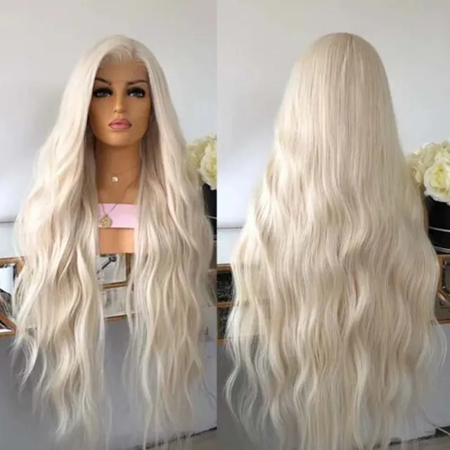 24inch Synthetic hair Lace front wigs Full Head Platinum blonde Long Wavy in GB
